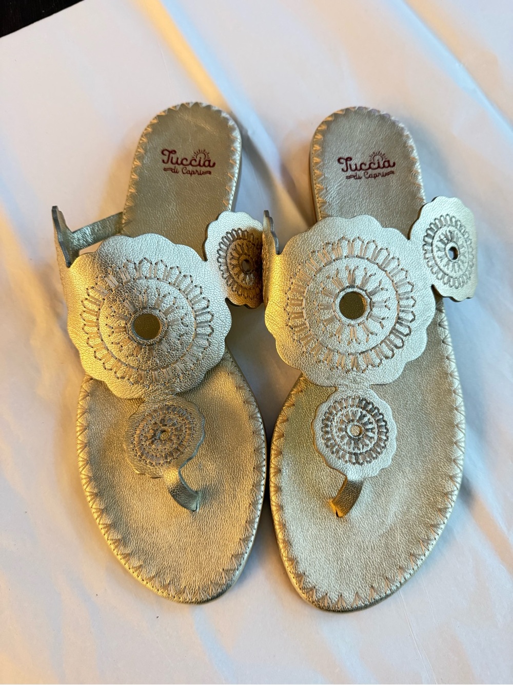 Metallic Gold Floral Toe-Post Sandals - Women new with box
